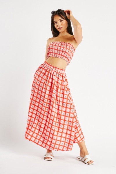 Image of Checked Bandeau Top And Skirt Set