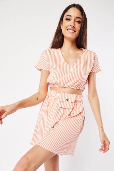Striped Crop Top And Belted Skirt Set