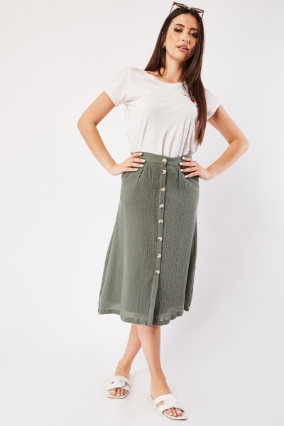 Image of Textured Buttoned Front Midi Skirt