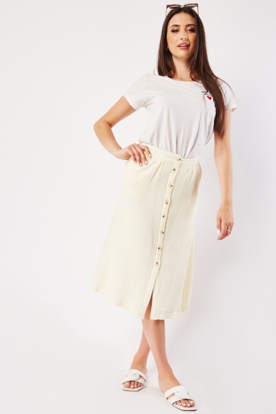 Image of Textured Buttoned Front Midi Skirt
