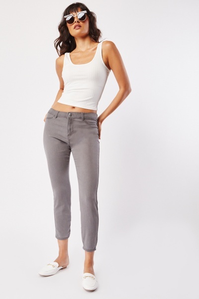 Grey Mid Rise Cropped Jeans