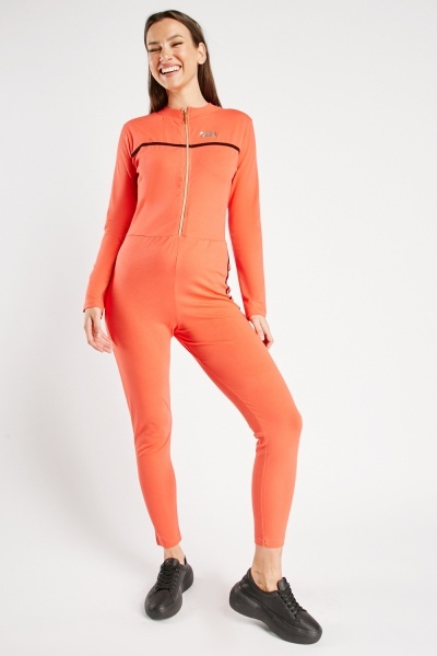 Coral Zipped Long Sleeve Jumpsuit