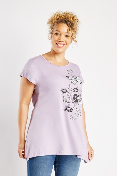 Butterfly Print Curved Hem Top