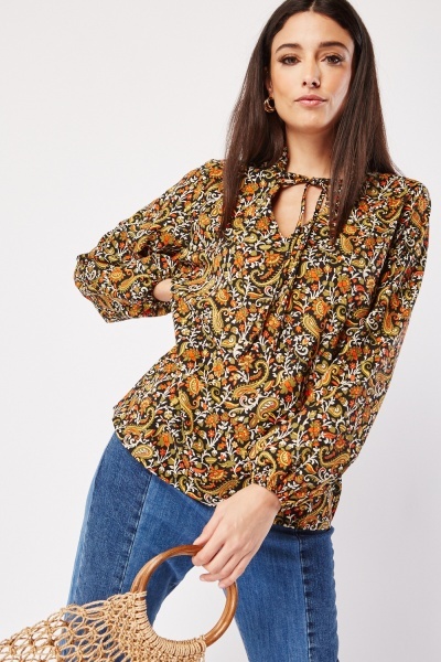 Image of Paisley Print Tie Up Neck Blouse