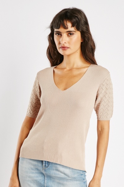 Image of Perforated Sleeve Rib Knit Top