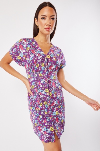 Image of Floral Fitted Buttoned Mini Dress