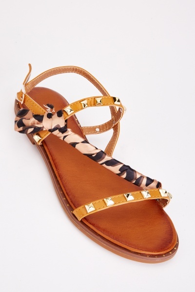 Leopard Print Ribbon Flat Sandals