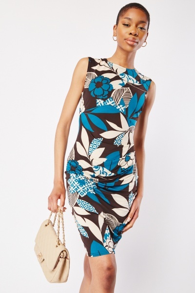 Sleeveless Printed Ruched Side Dress