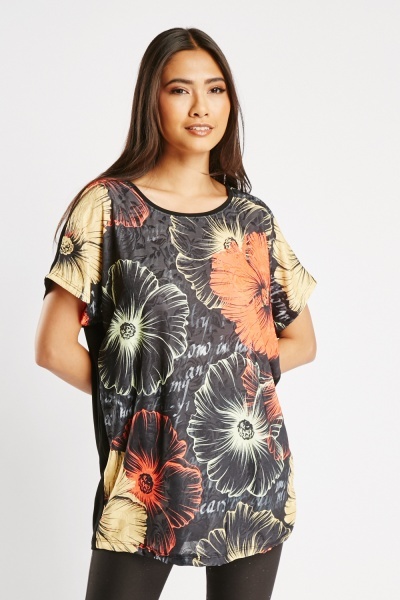 Image of Textured Floral Print Casual T-Shirt