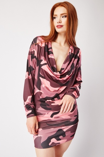 Camouflage Printed Cowl Neck Dress