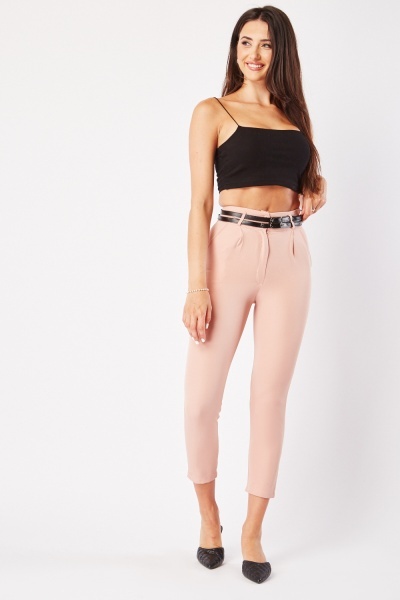 Belted Skinny Plain Trousers