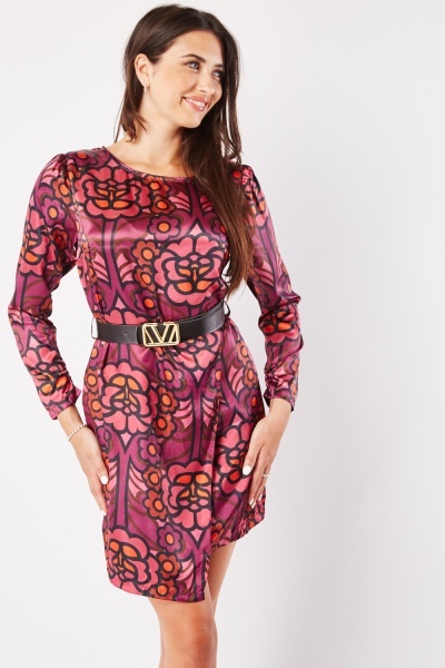 Printed Belted Silky Mini Dress