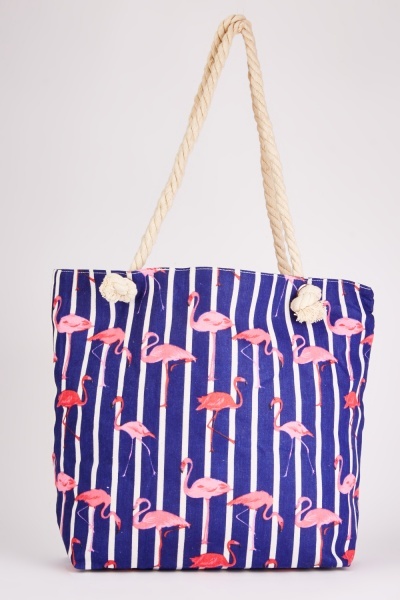 Striped Flamingo Print Beach Bag