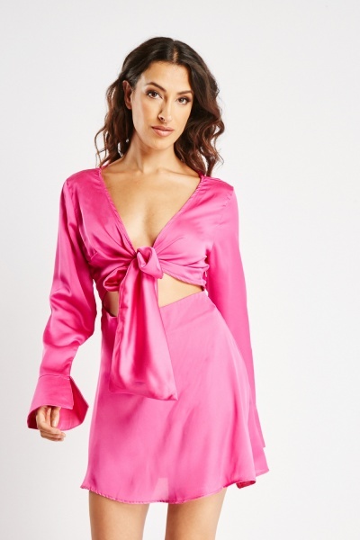Tie Up Cut Out Front Sateen Dress