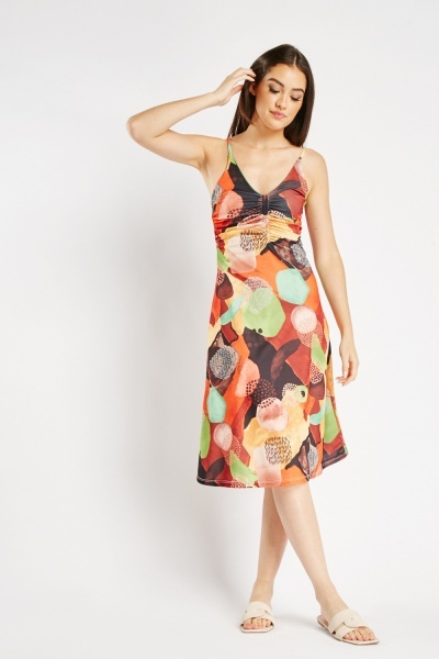 Image of Ruched Front Printed Midi Dress