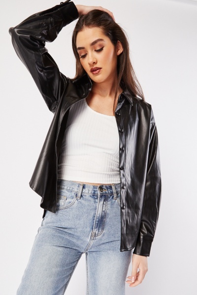 Image of Faux Leather Button Front Overshirt