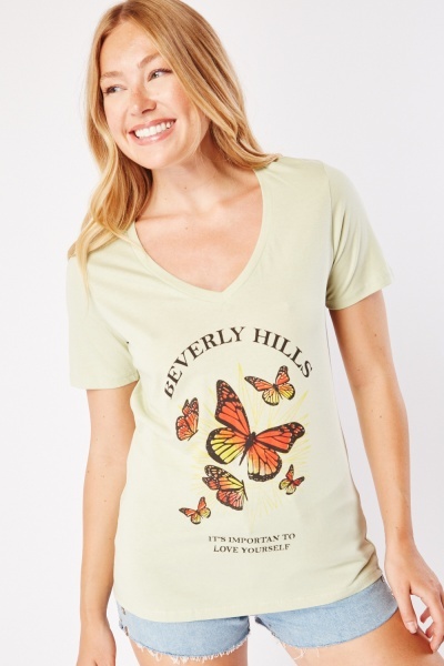 V Neck Butterfly Print Cotton T-Shirt