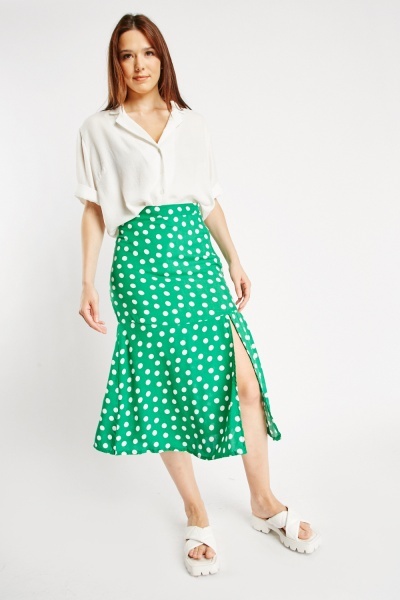 Polka Dot Front Slit Midi Skirt