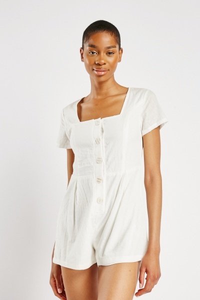 Textured Buttoned White Playsuit
