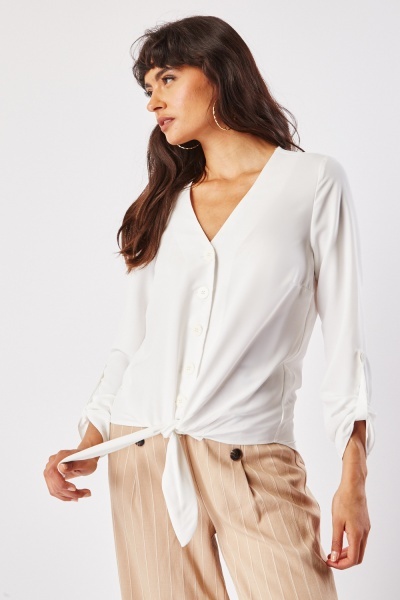 Buttoned Knotted Hem Blouse