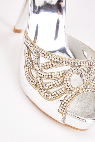 Public Desire Silver Metallic Diamanté Strappy Platform Block Heel Sandals  | New Look