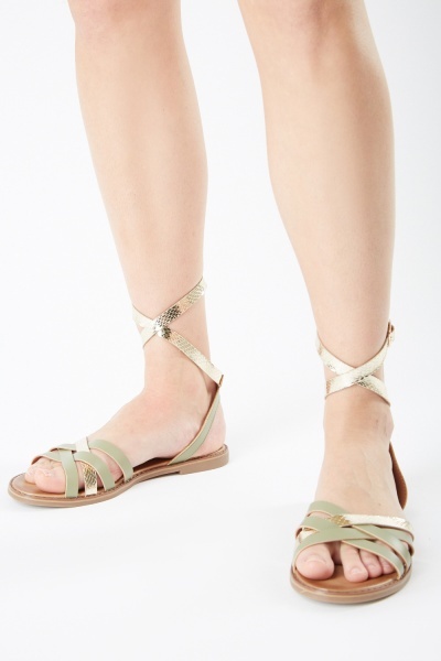 Metallic Contrast Strappy Flat Sandals