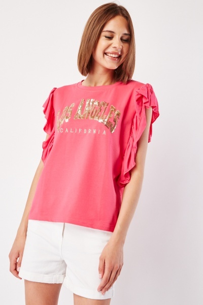 Sequin Front Logo Frilled Sleeve Top