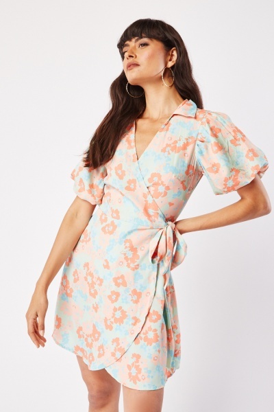 Puff Sleeve Floral Wrap Dress