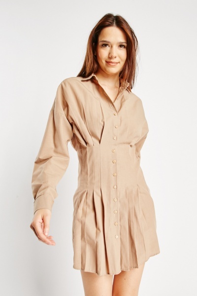 Image of Button Up Pleated Shirt Dress