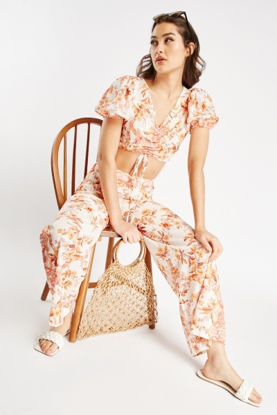 Image of Ruched Crop Top And Trousers Set