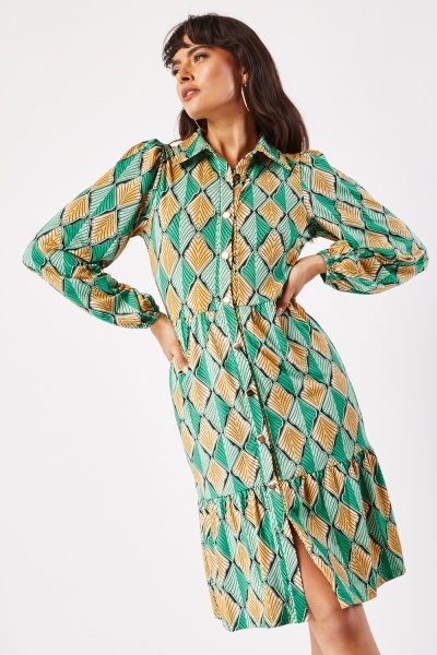 Image of Buttoned Printed Smock Shirt Dress
