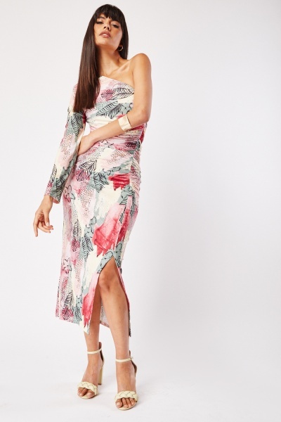 Image of One Shoulder Ruched Printed Dress
