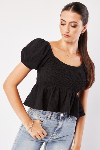 Image of Textured Cotton Shirred Top