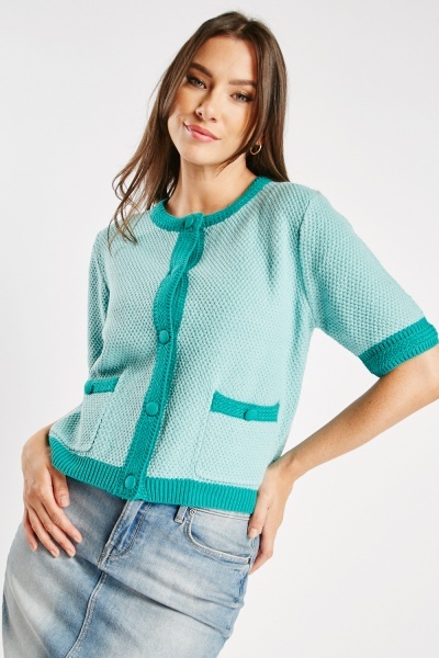 Image of Contrasted Knit Short Sleeve Cardigan