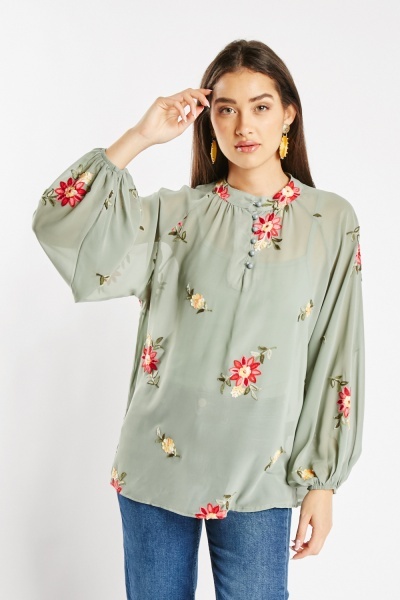 Image of Patch Applique Sheer Blouse
