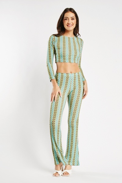 Abstract Print Crop Top And Trousers Set