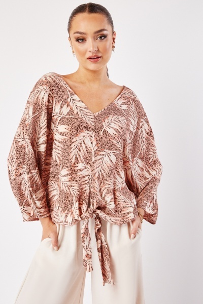 Image of V-Neck Printed Knot Blouse