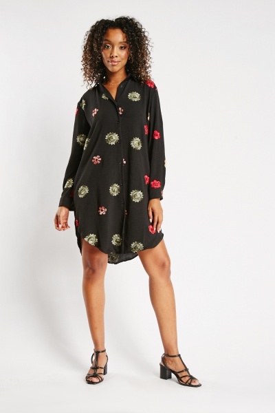 Image of Embroidered Motif Cotton Shirt Dress