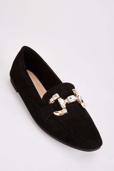 Image of Rhinestone Detail Suedette Loafers