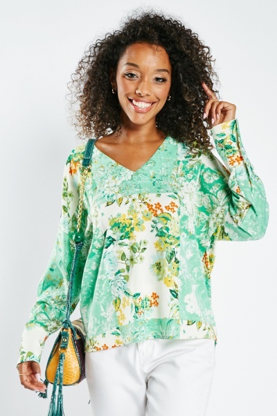 Mixed Print Fitted Sleeve Blouse