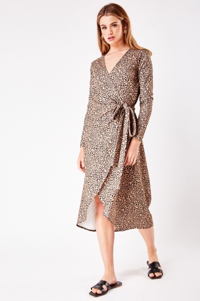 Leopard Print Wrap Long Sleeve Dress