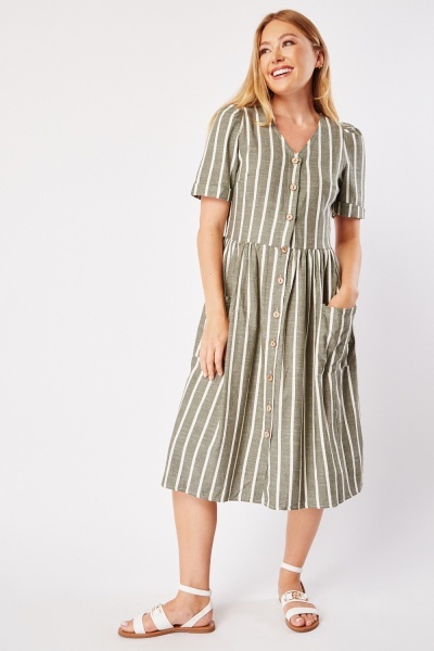 Rolled Short Sleeve Striped Dress