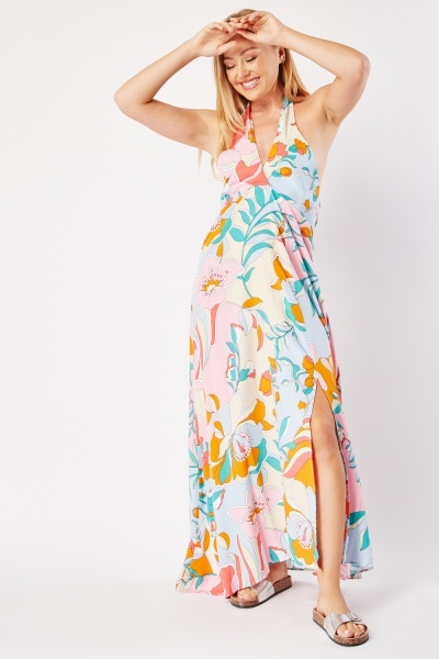 Retro Floral Print Maxi Halter Dress