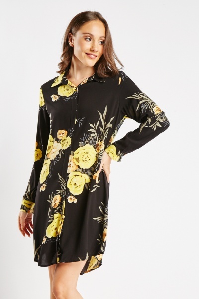 Dip Hem Floral Shirt Dress