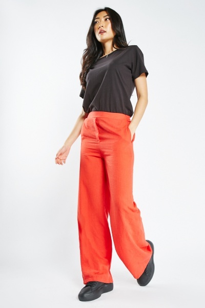 Image of Wide Leg Textured Plain Trousers