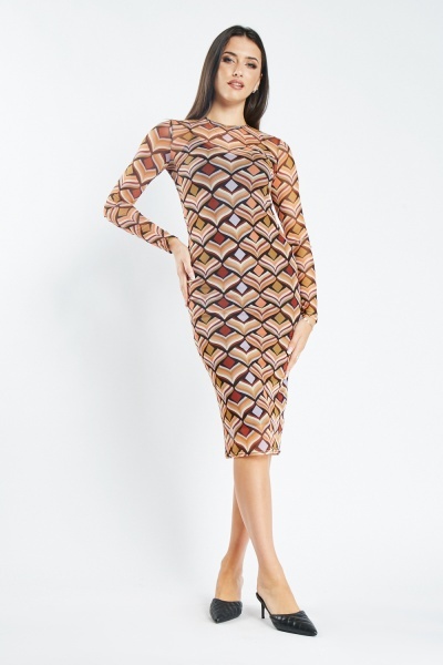 Image of Printed Mesh Overlay Midi Dress