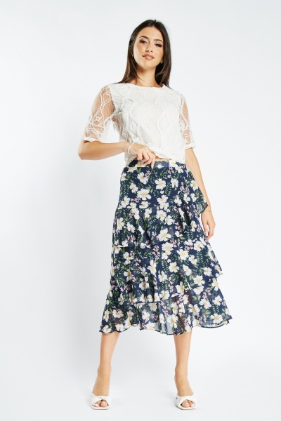 Ruffle Floral Chiffon Skirt
