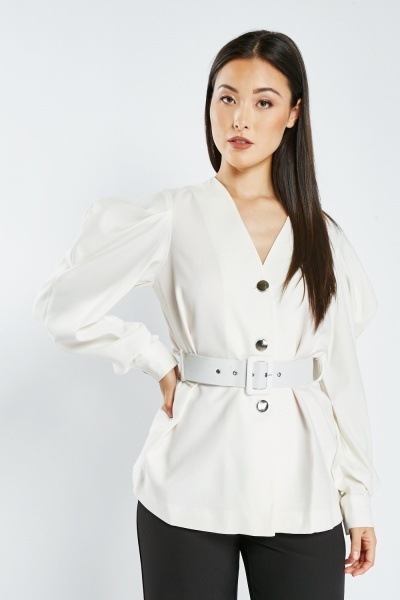 Image of Belted Buttoned Jacket