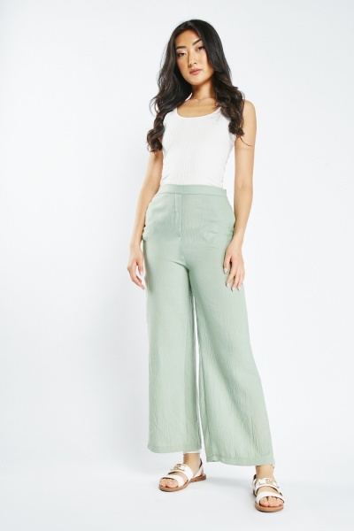 Image of Textured Wide Leg Plain Trousers