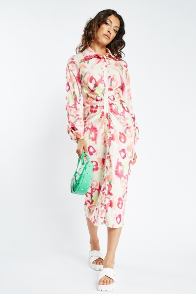 Image of Printed Ruched Front Shirt Dress